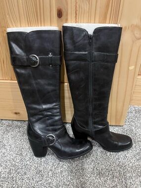 'Born' Black Tall Women's Knee Boots with Decorative Buckles - Size 8